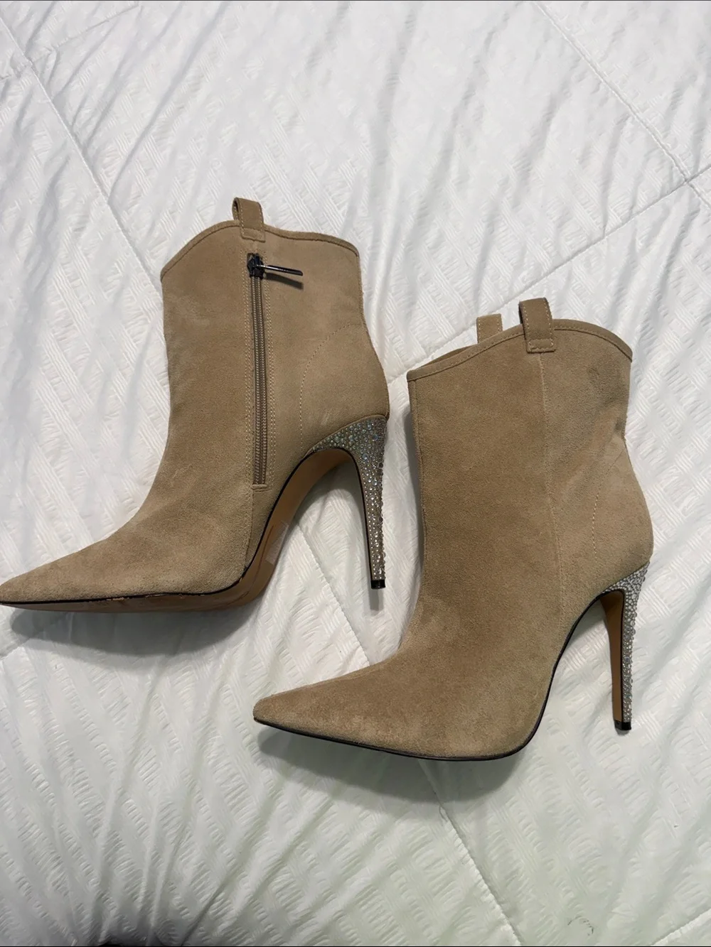 Karl Lagerfeld Taupe Suede Pointed-Toe Ankle Booties with Rhinestone Heel Size 7